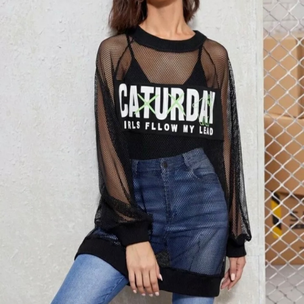 Women Slogan Cat Graphic Mesh Pullover Without Bra Black